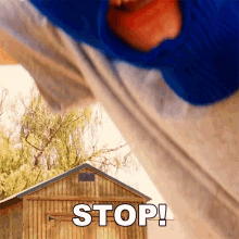 a man in a blue mask is standing in front of a wooden shed with the word stop on it