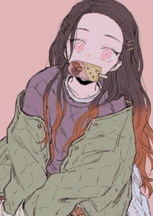 a drawing of a girl with long hair and pink eyes eating a chocolate bar