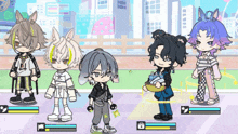 a group of anime characters are standing next to each other with one holding a basket