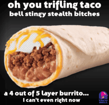 a taco bell burrito with beans and cheese on a black background