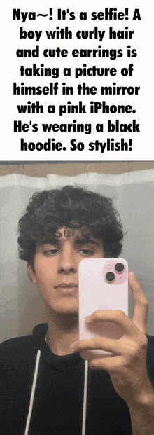 a boy with curly hair is taking a picture of himself in the mirror