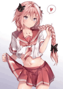 a pink haired anime girl in a sailor uniform is holding her braid .