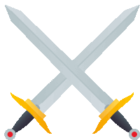 two crossed swords with yellow handles and red dots on them