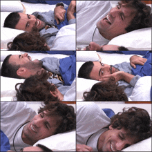 a collage of four pictures of two men laying on a bed laughing