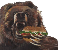 a painting of a bear eating a sandwich