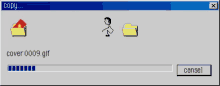 a computer screen shows a stick figure holding a flag and a folder that says copy on it