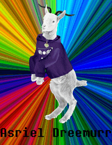 a white goat wearing a purple hoodie with the name asriel dreemurr