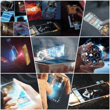 a collage of images of a person holding a smart phone with a futuristic screen .