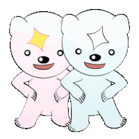 two teddy bears standing next to each other with their hands on their hips