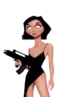 a cartoon woman in a black dress holding a gun