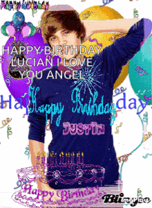a picture of justin bieber with the words happy birthday lucian i love you angel above him