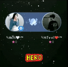 a girl and a boy are standing next to each other on a screen with the word hero in the corner