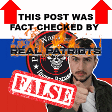 a man is pointing at a red stamp that says " false "