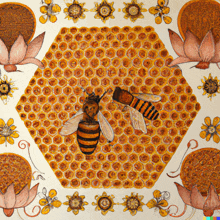 a painting of a bee sitting on a honeycomb surrounded by flowers