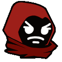 a cartoon of a person wearing a red hood with an angry face on it .