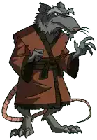 a cartoon rat is wearing a brown robe with a black belt around his waist