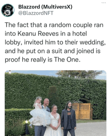 a tweet about a random couple that ran into keanu reeves in a hotel lobby invited him to their wedding