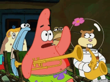 patrick star is playing a trumpet while sandy cheeks is playing a saxophone .