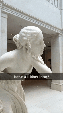 a statue of a woman with a caption that says " is that a lil bitch i hear "