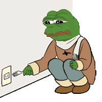 a frog with a scarf around his neck is holding a fork in front of an outlet