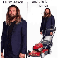 a man in a suit is standing next to a lawn mower and says `` hi i 'm jason '' .