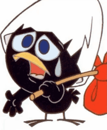 a cartoon bird is holding a stick and a bag