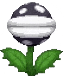 a pixel art of a black and white flower with a green stem and leaves on a white background .