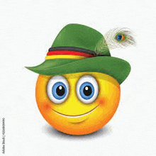 a smiley face is wearing a green hat with a peacock feather .