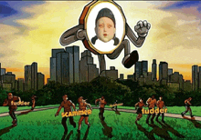 a cartoon shows a group of people running towards a giant circle with a girl 's face on it