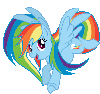 a blue pony with a rainbow mane and tail