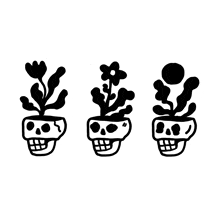 a black and white drawing of three skulls with plants growing out of them