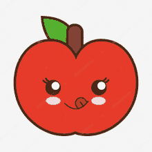 a cartoon illustration of a red apple with a green leaf sticking its tongue out