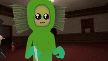 a cartoon character is wearing a green costume with a yellow face