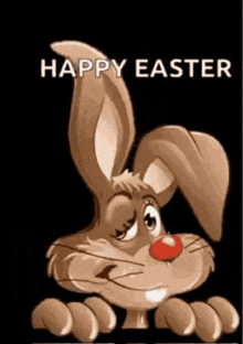 a cartoon bunny with a red nose and the words happy easter on the bottom