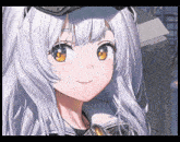 a girl with long white hair and yellow eyes is smiling