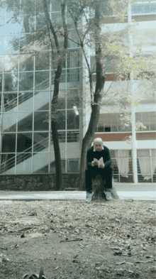 a man sits on a stump reading a book