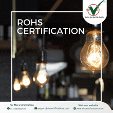 an ad for rohs certification shows a light bulb