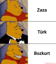 a cartoon of winnie the pooh wearing a tuxedo with the words zaza turk bozkurt below him