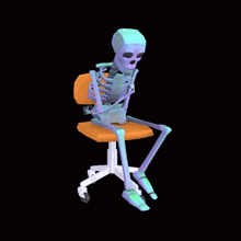 a skeleton is sitting in an office chair with his legs crossed .