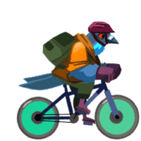 a cartoon bird is riding a bike with a backpack on its back