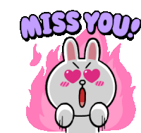 a cartoon of a bunny with hearts in his eyes and the words miss you