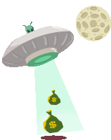 a cartoon illustration of an alien in an ufo stealing money bags