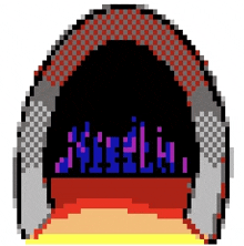 a pixel art drawing of a headphone with the word meetin on it