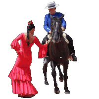 a woman in a red dress stands next to a man on a horse