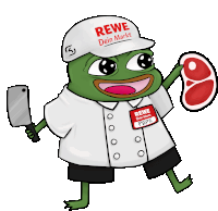 a cartoon frog wearing a rewe dein markt hat holds a knife and a piece of meat