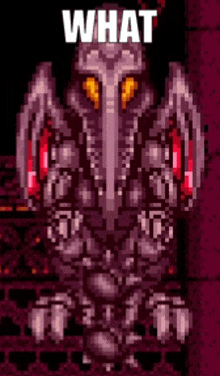 a pixel art of a monster with the words what written on it