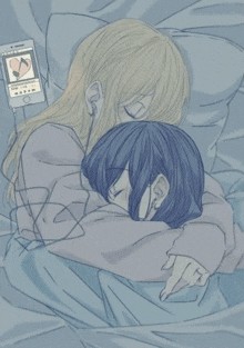 a drawing of a girl hugging another girl with a phone playing music