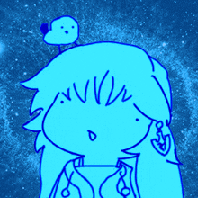 a blue drawing of a person with a bird on their head