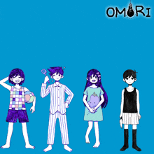 a group of anime characters standing next to each other with the word omori in the upper right corner