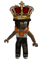 a roblox character with a crown on his head and a chain around his neck .